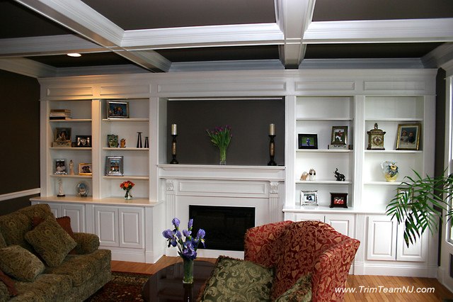 traditional living room with shelving