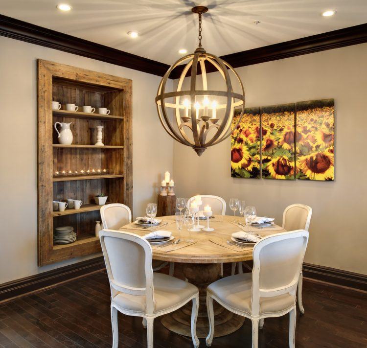 intimate formal dining room with built-in shelves