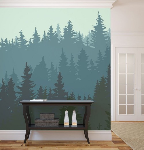 hallway accent wall with painted trees