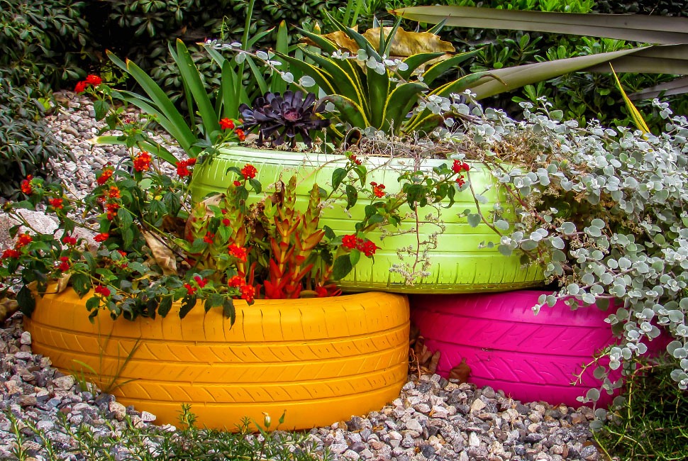 painted tires used to plant flowers