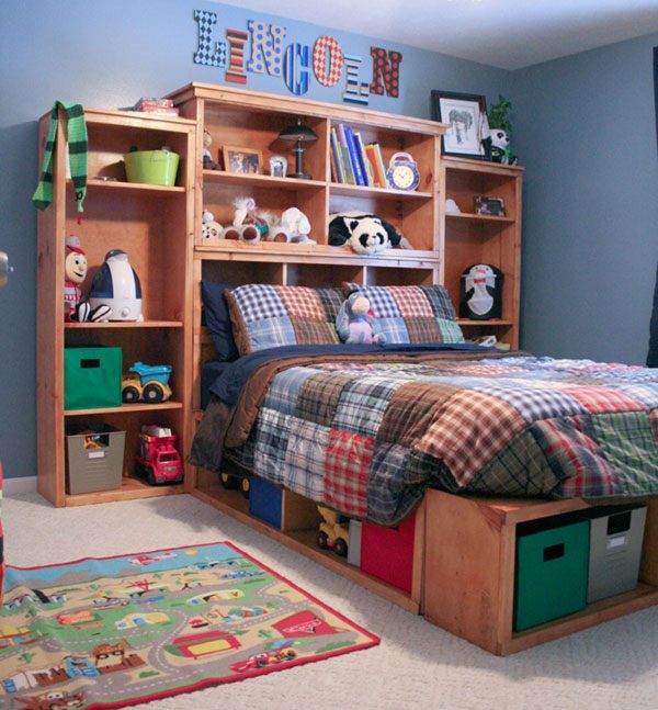 kids bedroom with bookshelf headboard