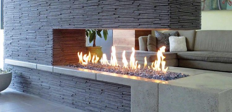 brick and glass modern fireplace