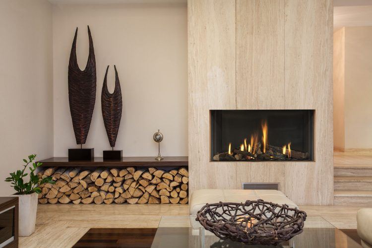 wood paneled contemporary fireplace