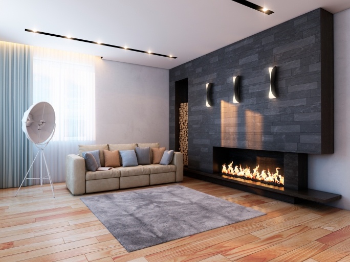 beautiful black fireplace in modern living room