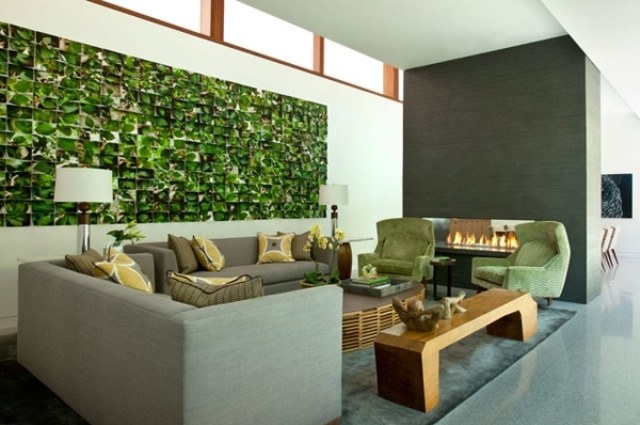 green and grey living room mural