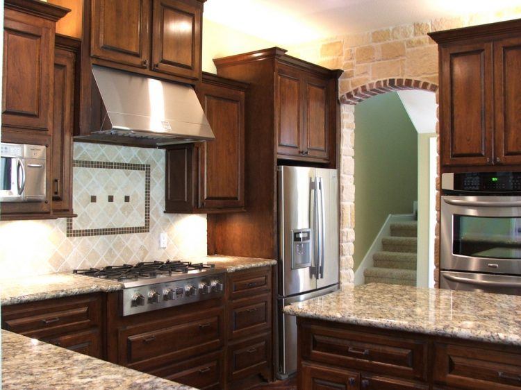 19 – Kitchen Decorating Design Ideas Using Mahogany Wood Light Cherry Kitchen Cabinets Including Light Brown Granite Kitchen Counter 750x562 