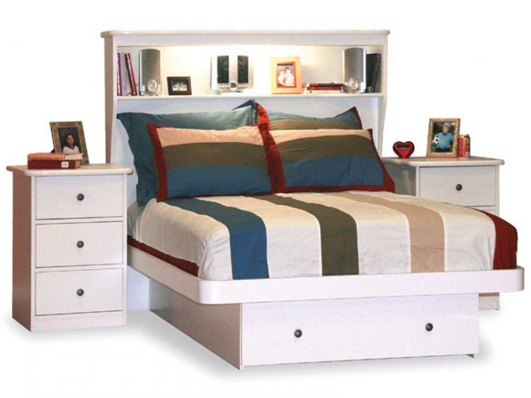 full platform bed with bookshelf headboard