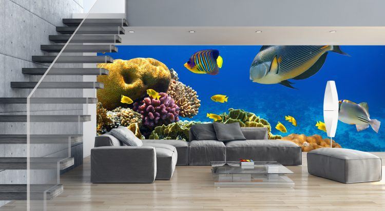 Living room with cool underwater mural