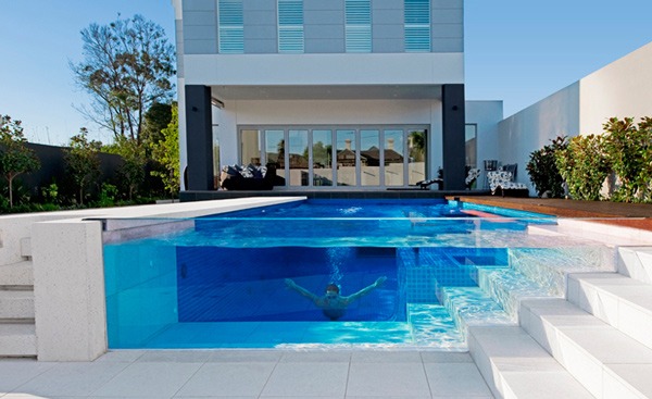 glass walled swimming pool