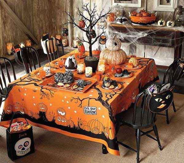 halloween table with orange table cloth