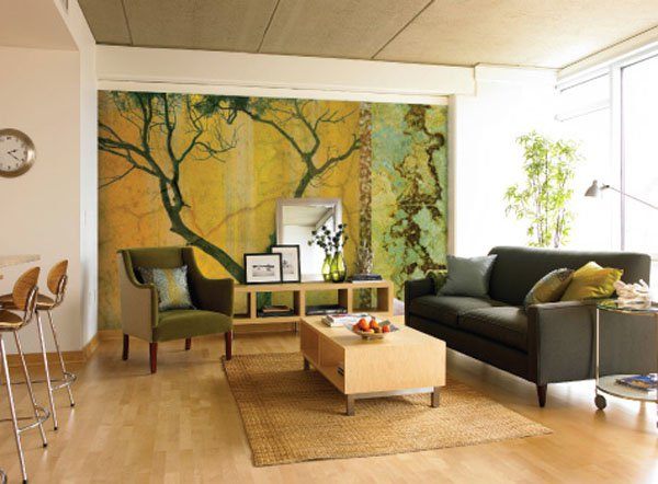 living room with beautiful tree mural