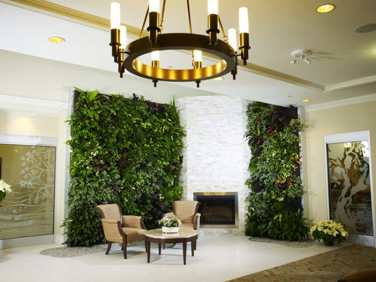 formal living room with living wall and round chandelier 