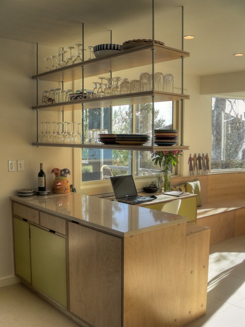 stacked hanging shelving in kitchen