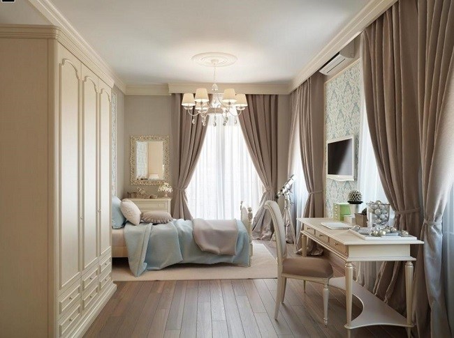 bedroom with light colored curtains