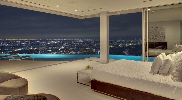 bedroom with lit pool