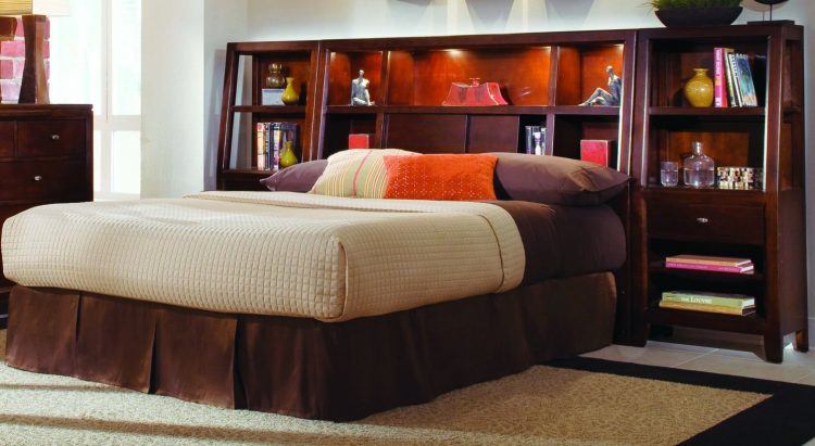 beautiful bed with bookshelf headboard