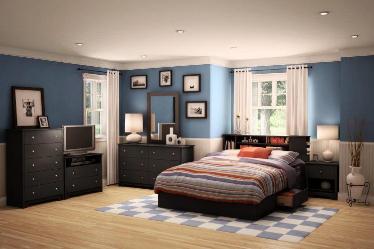 beautiful bedroom with blue walls