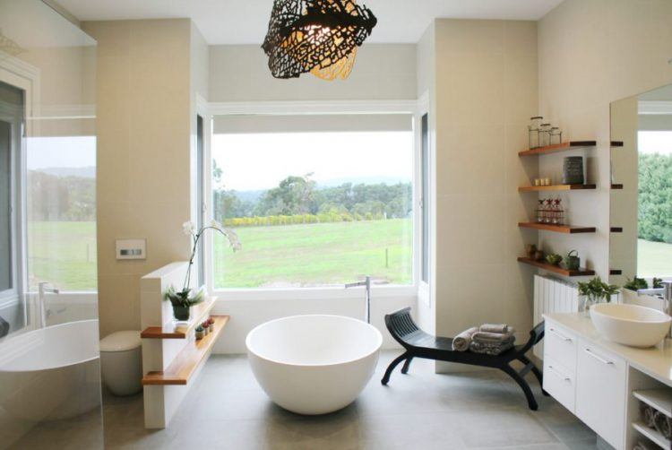 charming rustic bathroom with round tub