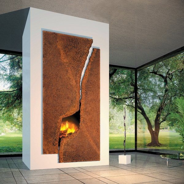 contemporary fireplace surrounded by rusted steel