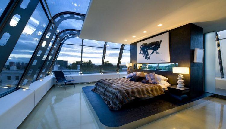 bedroom with large window and great view