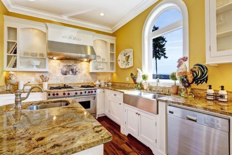 images of rustic kitchen with yellow wall