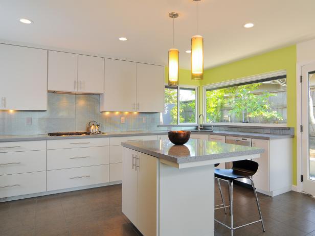 modern kitchen with white cabinets