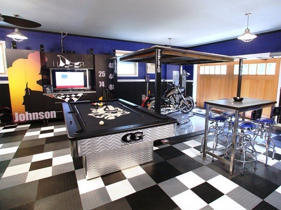 black and white garage game room