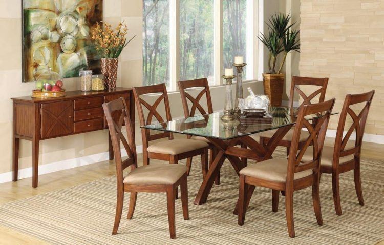 beautiful wooden dining table with glass top and chairs