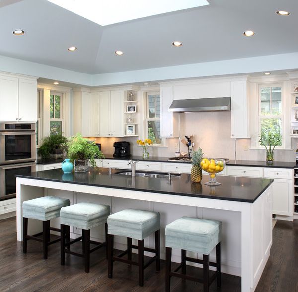 modern kitchen with black and white island