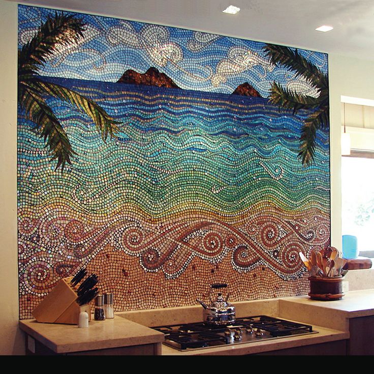 colorful beach themed kitchen backsplash