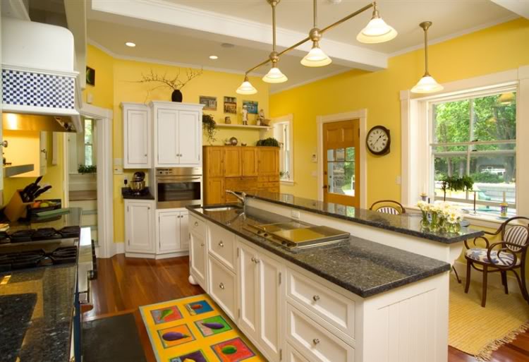 white kitchen white countertop and yellow wall