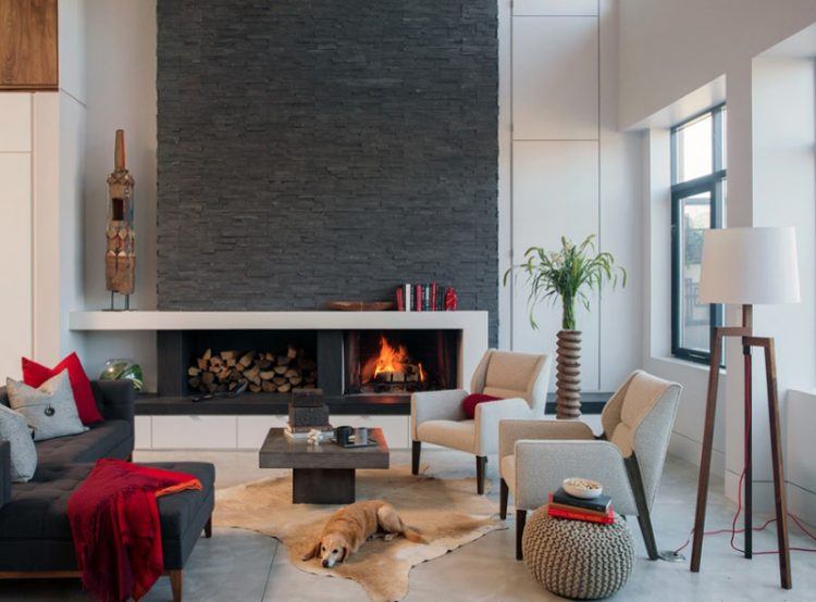 modern fireplace with wood storage