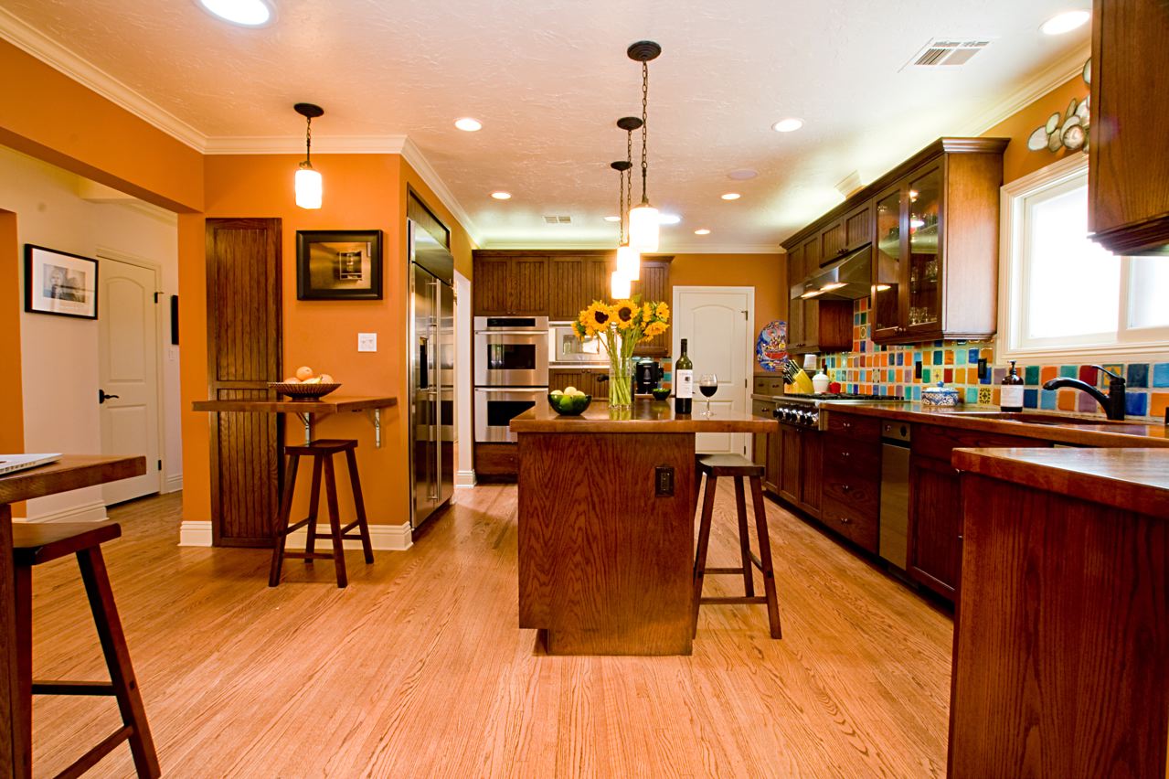 orange wall in small kitchen