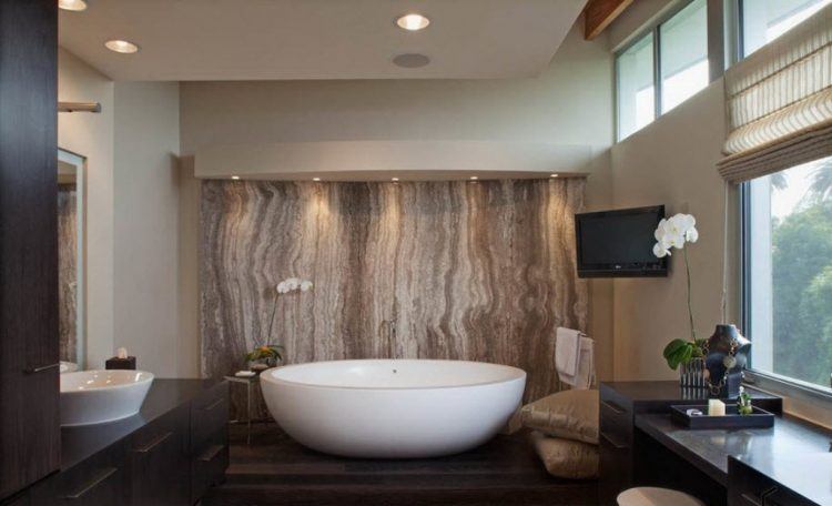 bathroom with wooden accent wall