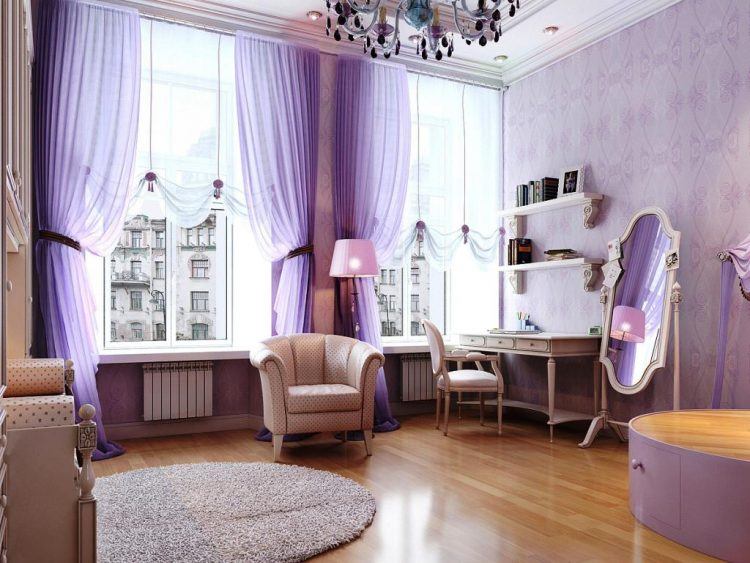 purple bedroom design with small desk