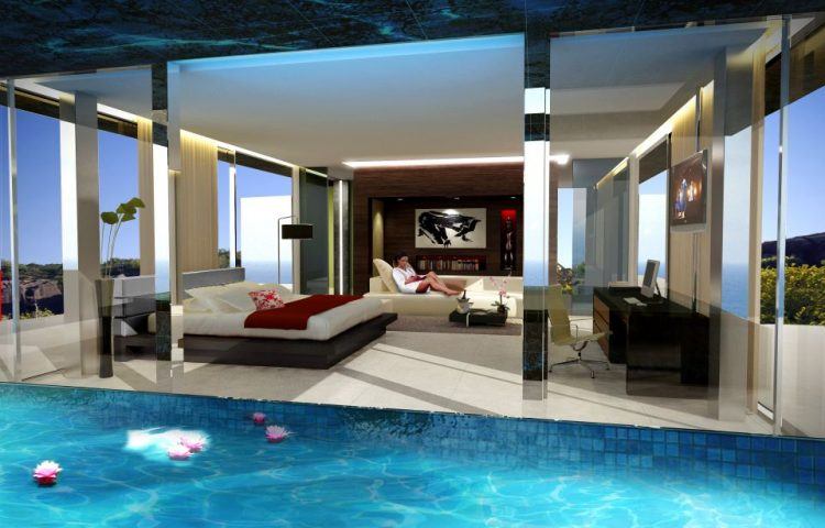 3d rendering of bedroom with pool