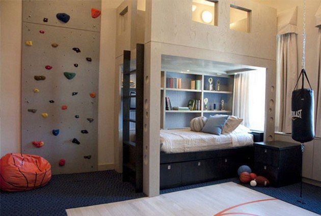 boys bedroom with rock wall