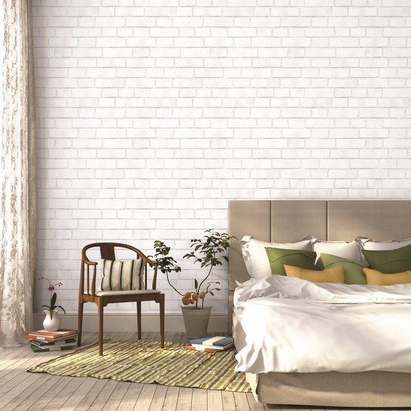 white brick wallpaper in bedroom