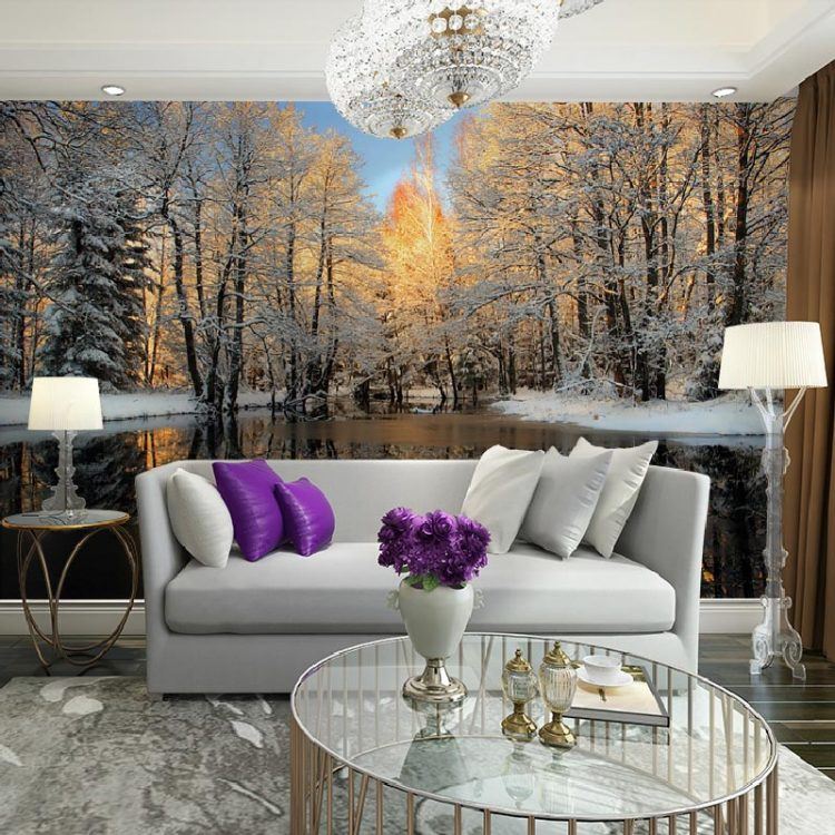 winter landscape painted on living room wall