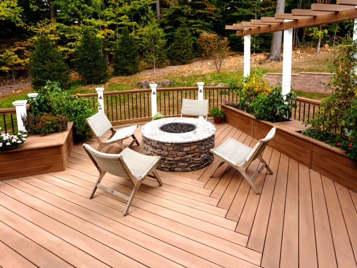 backyard deck with stone fire pit