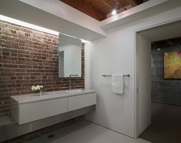 astounding brick wall design for modern bathroom