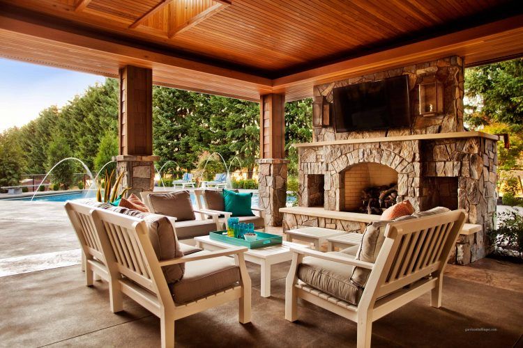 covered backyard patio with fireplace