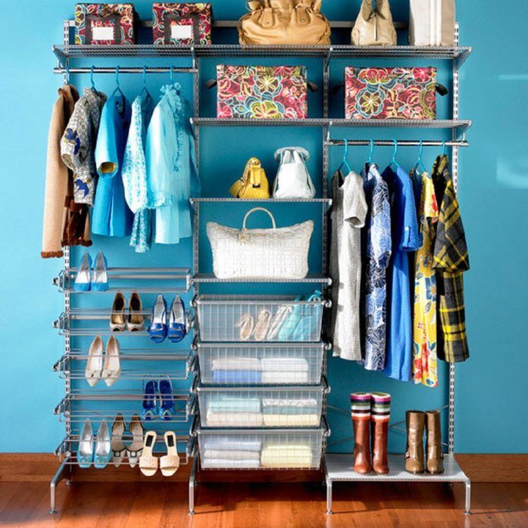 bedroom closet with bright blue wall