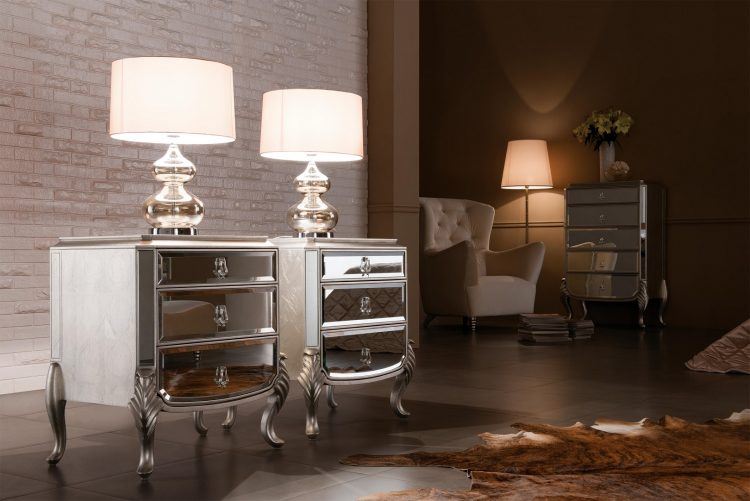 silver lamps in mirrored nightstands