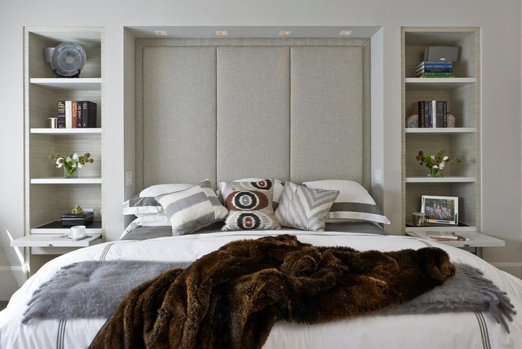 contemporary bedroom with awesome headboard