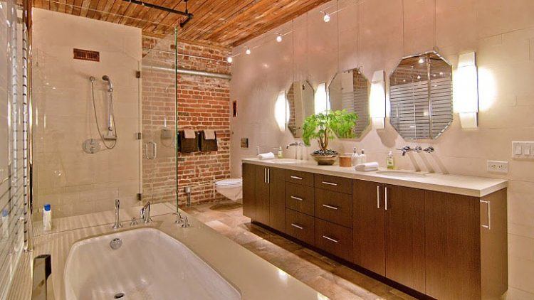 brick wall in modern bathroom