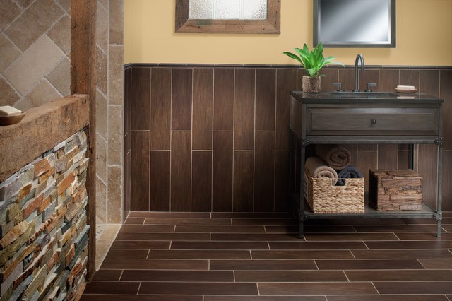 contemporary bathroom with walnut wood porcelain tile