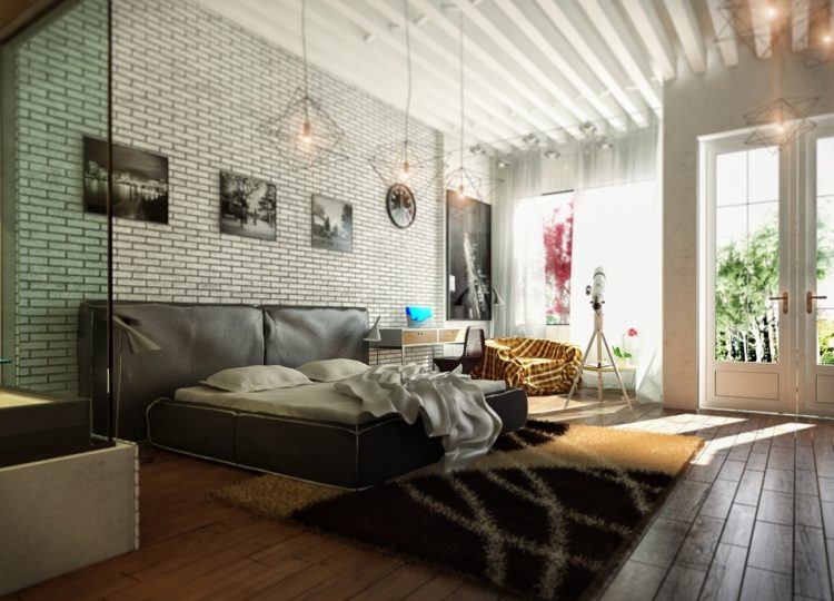 contemporary-bedroom-with-exposed-brick-wall