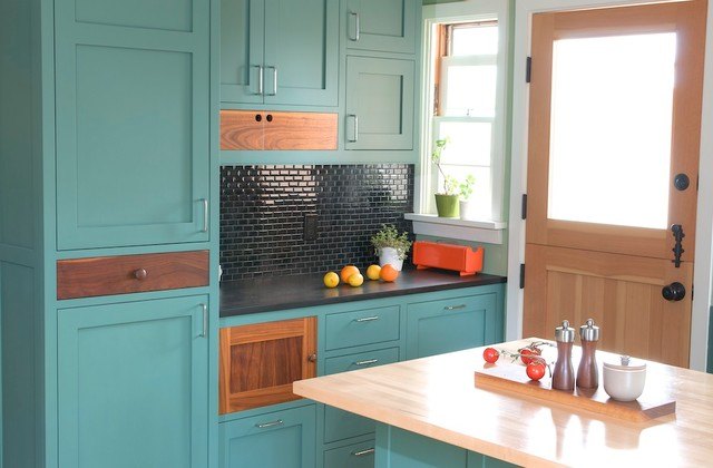 contemporary kitchen with cool blue cabinets