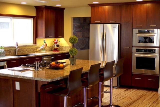 contemporary kitchen with custom mahogany cabinets